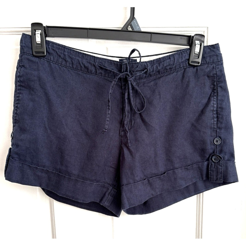 Tommy Hilfiger Womens Navy Blue‎ 100% Linen Drawstring Cuffed Shorts Size 6